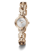 Rose gold chain-link GUESS Ladies Siren Rose Gold Tone Analog Watch with a white face on a white background