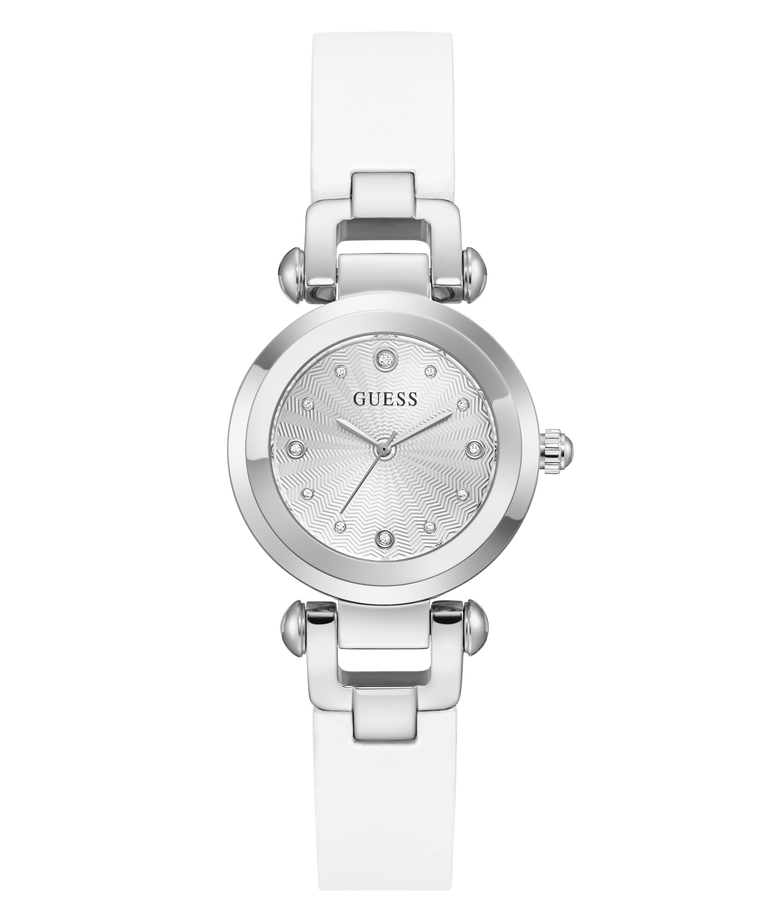 White watch with silver accents on a white background