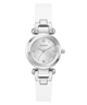 White watch with silver accents on a white background