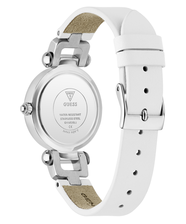 White watch with a visible brand logo on a white background