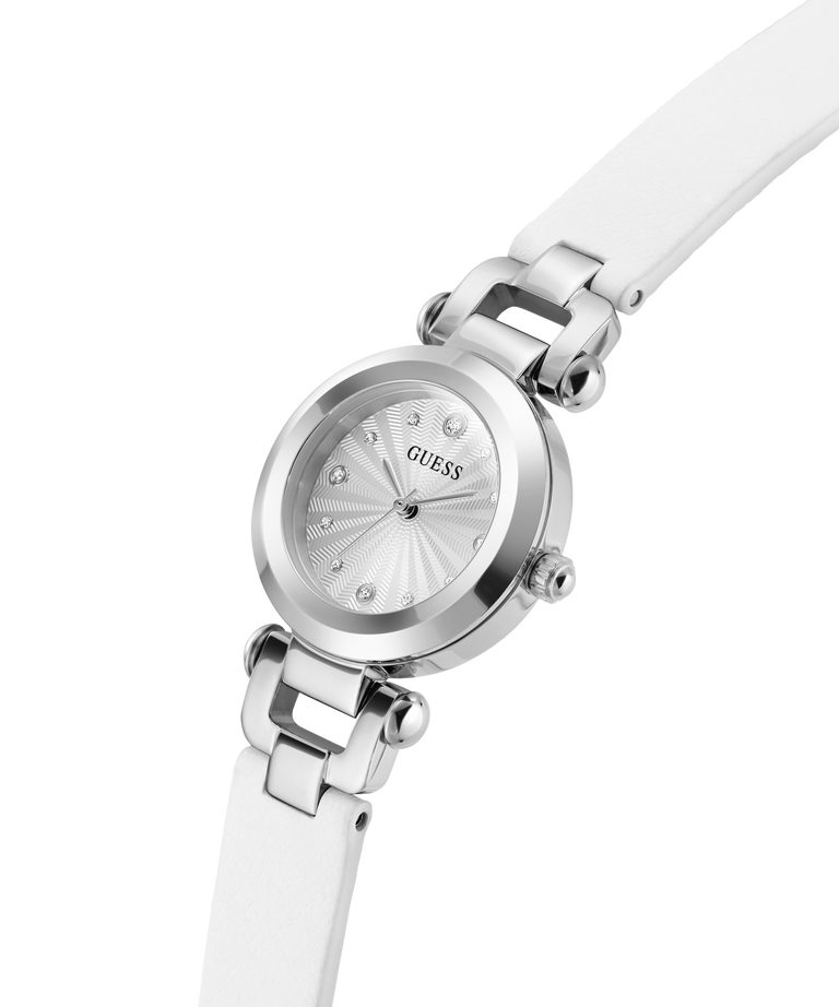 White Guess watch with silver case on a white background lifestyle