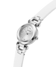 White Guess watch with silver case on a white background lifestyle