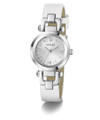White Guess watch with silver strap on a white background