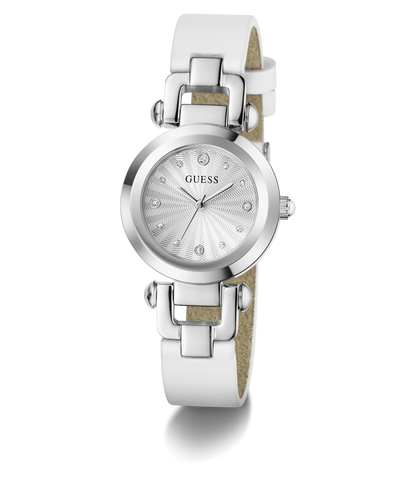 White Guess watch with silver strap on a white background
