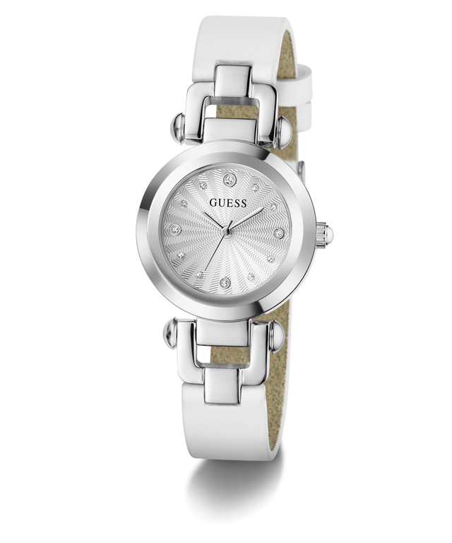 White Guess watch with silver strap on a white background