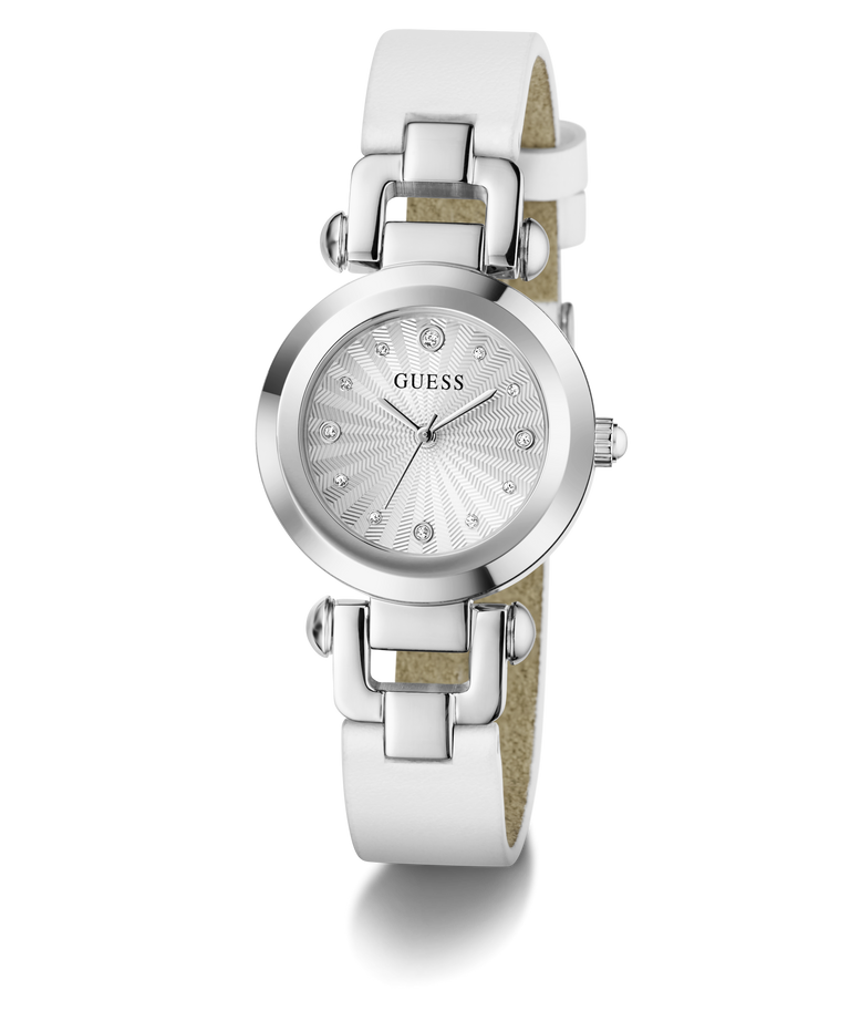 White Guess watch with silver strap on a white background