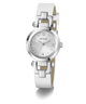 White Guess watch with silver strap on a white background