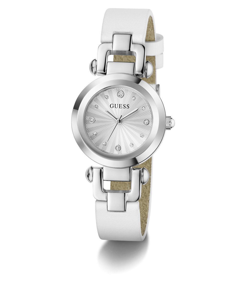 White Guess watch with silver strap on a white background