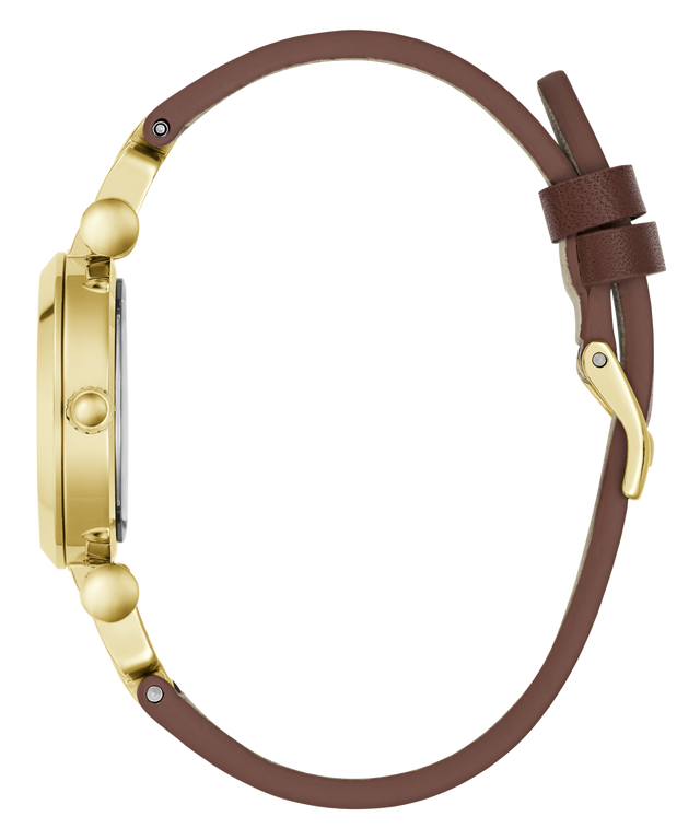 A side profile view of a watch with a gold-tone case and a brown leather strap, isolated on a white background.