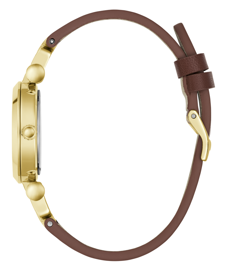 A side profile view of a watch with a gold-tone case and a brown leather strap, isolated on a white background.