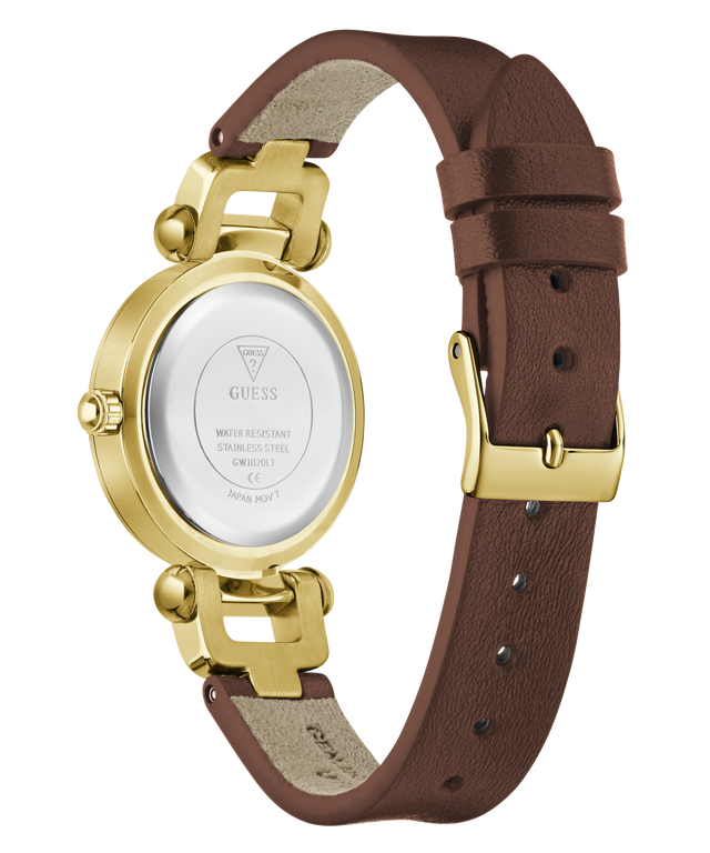 The back view of a GUESS wristwatch with a brown leather strap and gold-tone case, showing the stainless steel case back and buckle.
