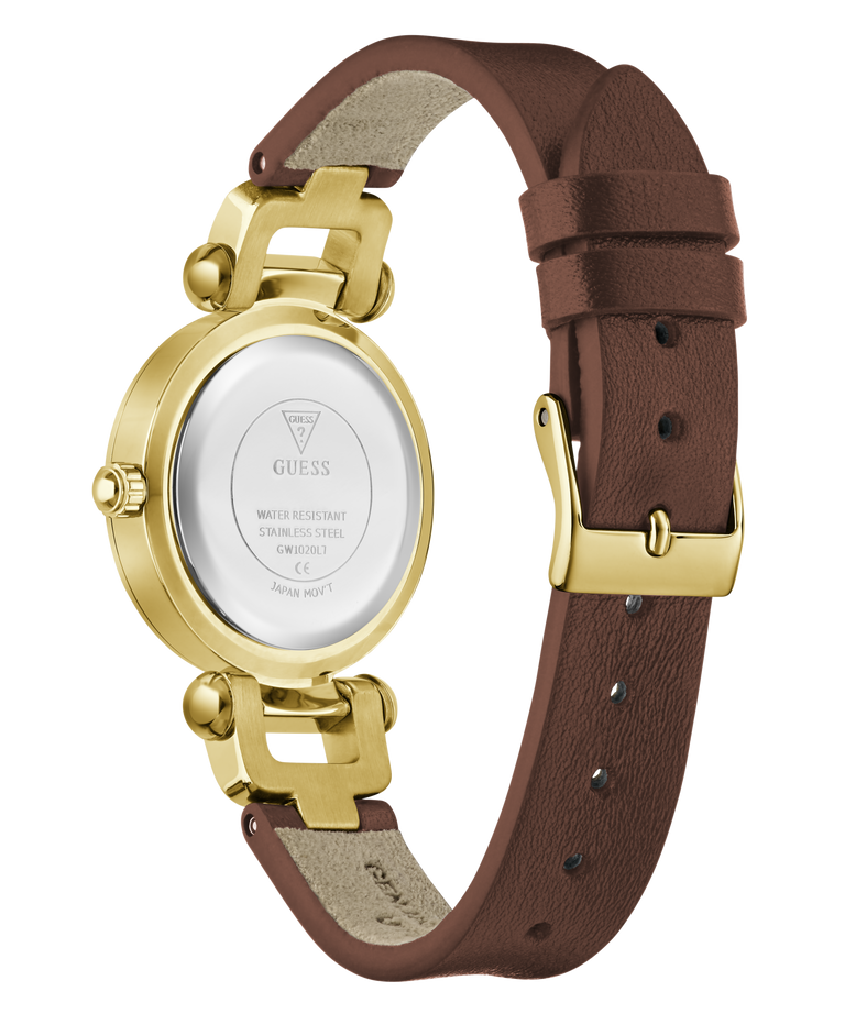 The back view of a GUESS wristwatch with a brown leather strap and gold-tone case, showing the stainless steel case back and buckle.