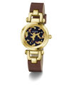 A GUESS women's watch featuring a brown leather strap, a gold-tone case, and a tortoiseshell-patterned dial with crystal hour markers.