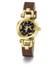 A GUESS women's watch featuring a brown leather strap, a gold-tone case, and a tortoiseshell-patterned dial with crystal hour markers.