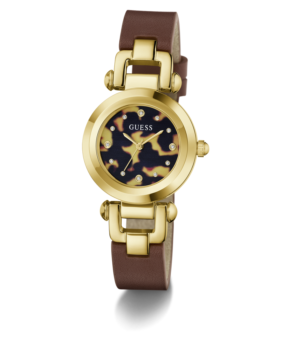 A GUESS women's watch featuring a brown leather strap, a gold-tone case, and a tortoiseshell-patterned dial with crystal hour markers.