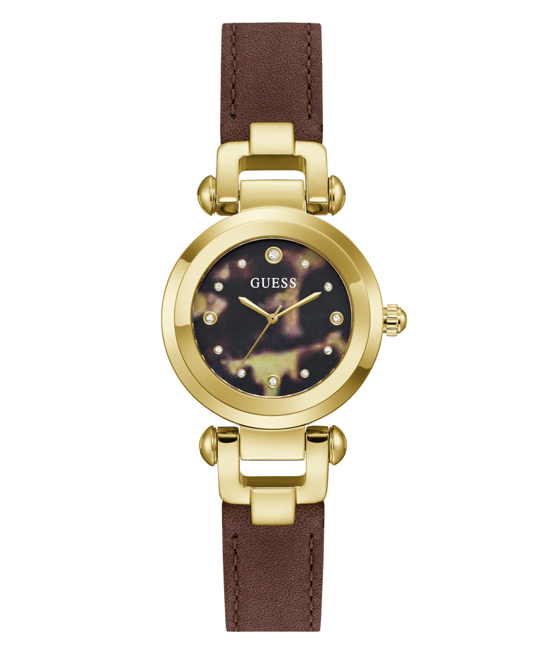 A women's wristwatch by Guess featuring a round gold-tone case, a dark mother-of-pearl dial with gold-tone hands and hour markers, and a brown leather strap with gold-tone hardware.