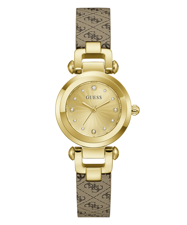Gold watch with a patterned band on a white background