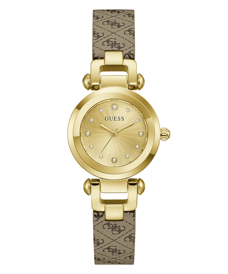 Gold watch with a patterned band on a white background