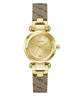 Gold watch with a patterned band on a white background