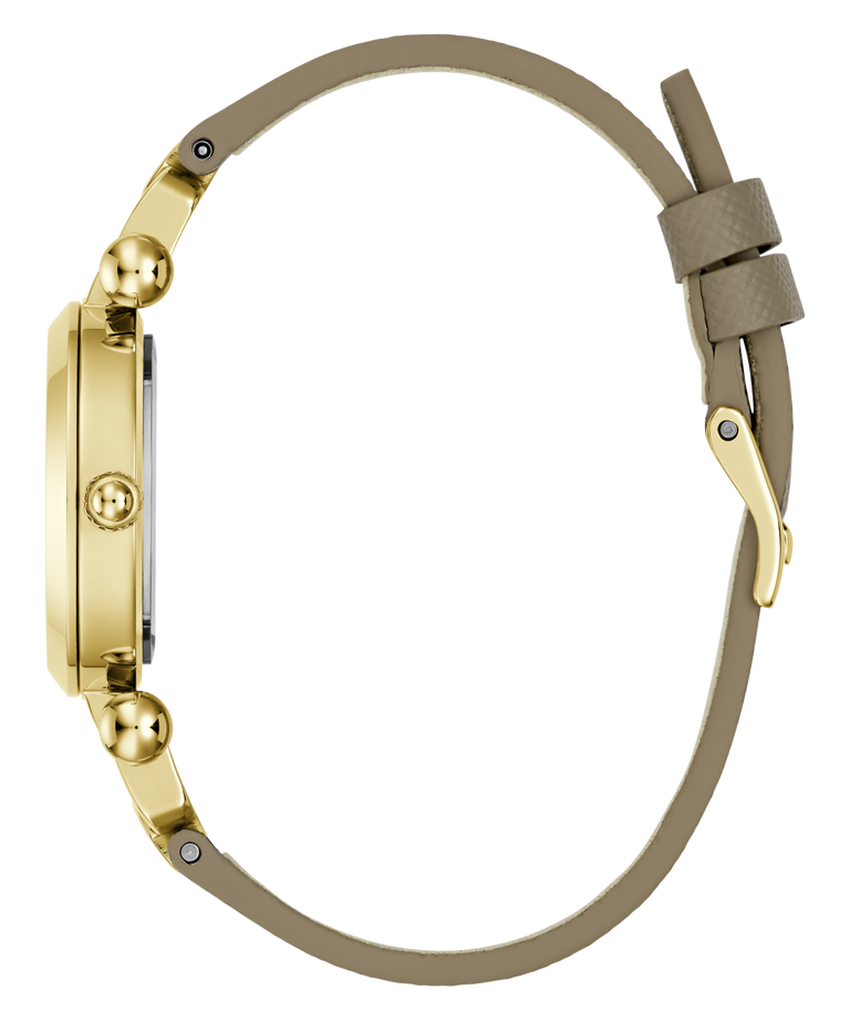Gold watch case with a beige strap on a white background