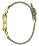 Gold watch case with a beige strap on a white background
