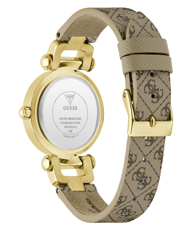 Gold and beige watch with visible brand logo on a white background