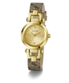 Gold watch with patterned strap on a white background
