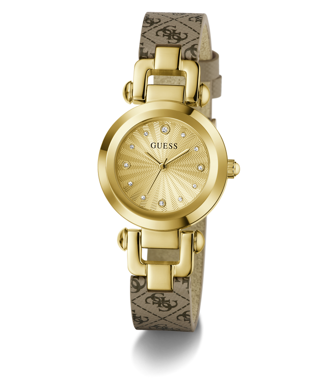 Gold watch with patterned strap on a white background