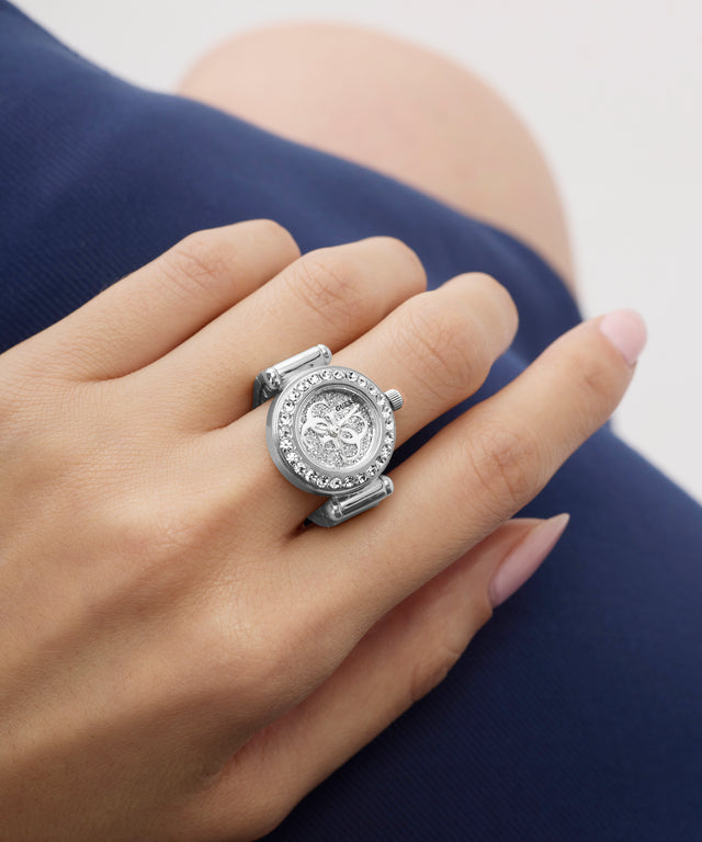 GUESS Ladies Small Anna Silver Tone Analog Watch Ring