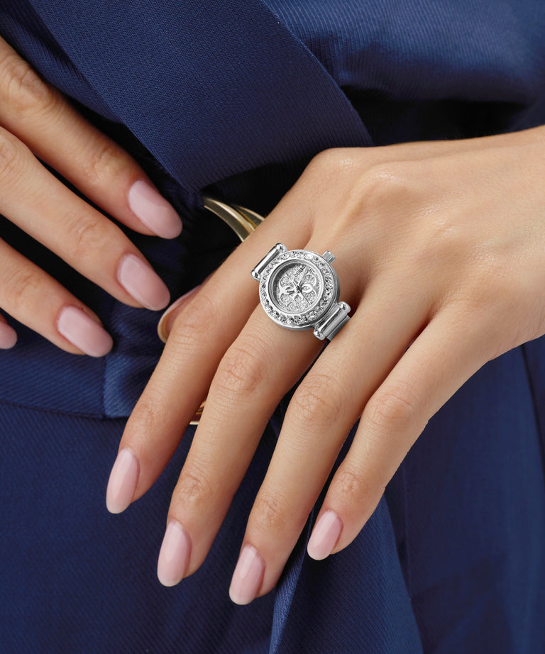 GUESS Ladies Large Anna Silver Tone Analog Watch Ring