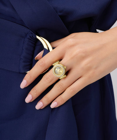 GUESS Ladies Large Anna Gold Tone Analog Watch Ring