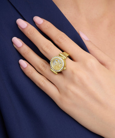 GUESS Ladies Large Anna Gold Tone Analog Watch Ring