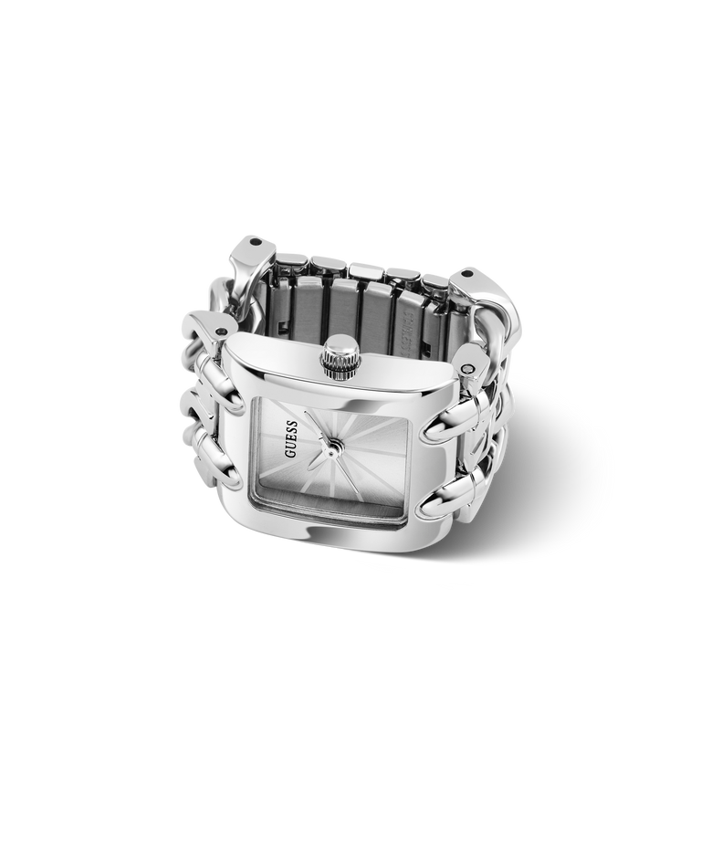 GUESS Ladies Large Mod Heavy Metal Silver Tone Analog Ring Watch