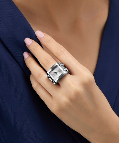 GUESS Ladies Large Mod Heavy Metal Silver Tone Analog Ring Watch