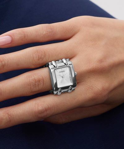 GUESS Ladies Small Mod Heavy Metal Silver Tone Watch Ring