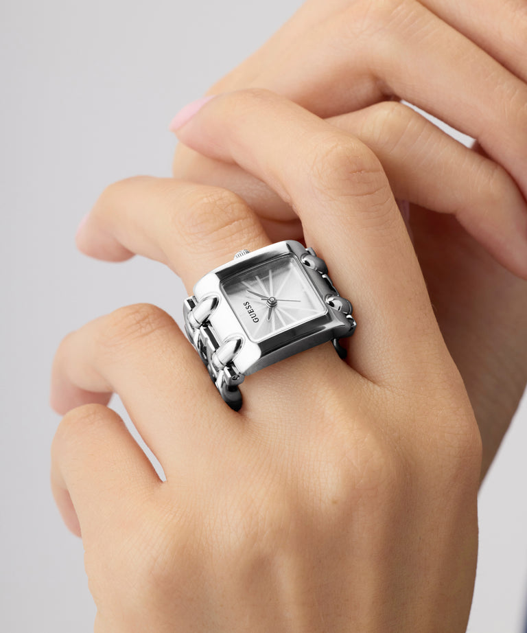 GUESS Ladies Large Mod Heavy Metal Silver Tone Analog Ring Watch