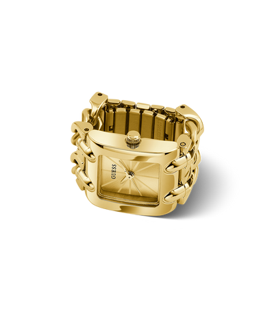 GUESS Ladies Mod Heavy Metal Gold Tone Analog Watch Ring with a chain-like band on a white background