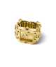 GUESS Ladies Mod Heavy Metal Gold Tone Analog Watch Ring with a chain-like band on a white background