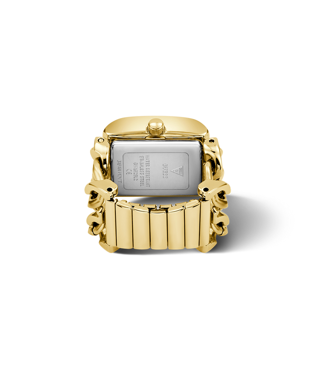 Gold-framed GUESS Ladies Mod Heavy Metal Gold Tone Analog Watch Ring on a white background