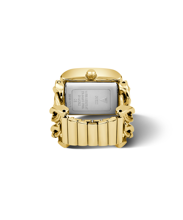 Gold-framed GUESS Ladies Mod Heavy Metal Gold Tone Analog Watch Ring on a white background