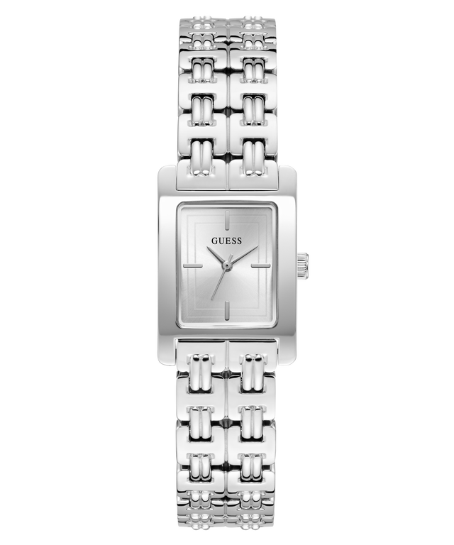 Silver GUESS Ladies Silver Tone Analog Watch with a rectangular face on a white background
