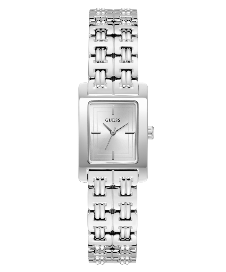 Silver GUESS Ladies Silver Tone Analog Watch with a rectangular face on a white background
