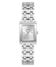Silver GUESS Ladies Silver Tone Analog Watch with a rectangular face on a white background