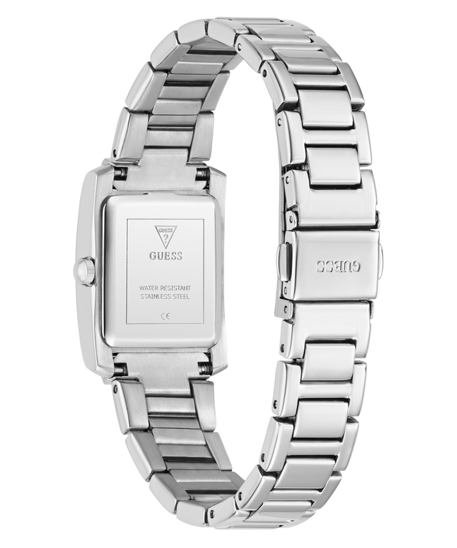Silver watch with a metal band on a white background