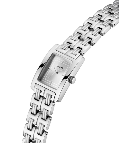 Silver Guess watch with a chain-like bracelet on a white background lifestyle