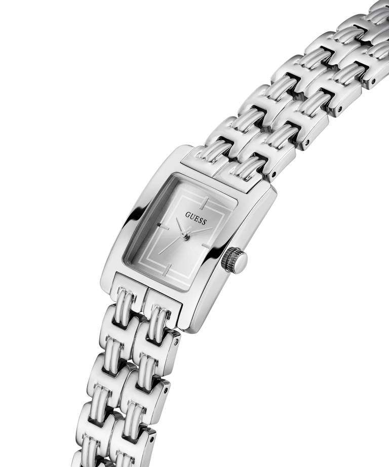Silver Guess watch with a chain-like bracelet on a white background lifestyle