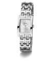 Silver GUESS Ladies Silver Tone Analog Watch with a patterned band on a white background
