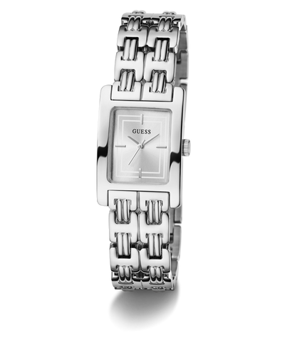 Silver GUESS Ladies Silver Tone Analog Watch with a patterned band on a white background