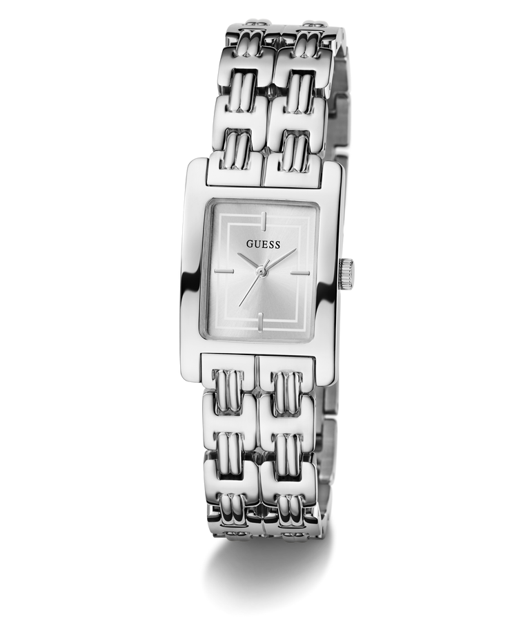 Silver GUESS Ladies Silver Tone Analog Watch with a patterned band on a white background