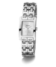 Silver GUESS Ladies Silver Tone Analog Watch with a patterned band on a white background